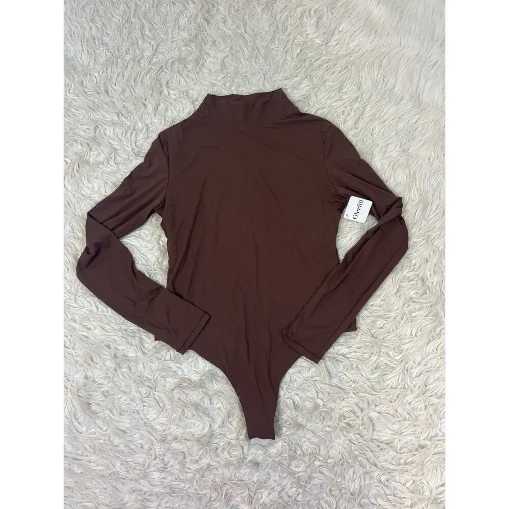 Gleefill NWT Women’s Size XL Brown Long sleeve Bodysuit Mock Neck Thong Back